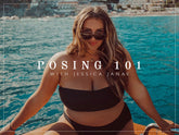 Jessica Janae poses in a black bikini beside turquoise water with Posing 101 overlay text