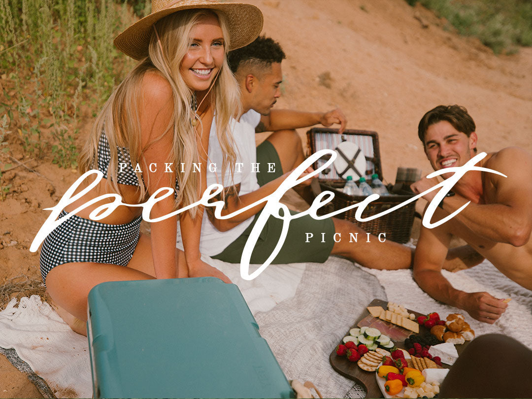 Friends enjoying a picnic with charcuterie outdoors, overlaid text reads Packing the perfect picnic