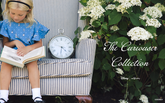Girl reading a book in a blue Alice in Wonderland dress beside a clock and flowers, with The Curiouser Collection title