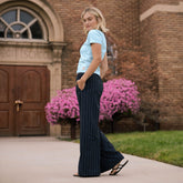 Slip On Trouser, Navy Pinstripe