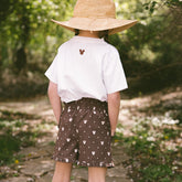 Back view of child wearing a cute Disney outfit with Minnie Mouse shirt and Minnie Mouse shorts.