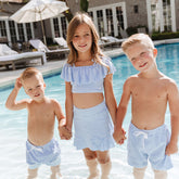 Three children in matching blue and white striped children's swimwear standing by a pool.