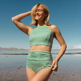 Kelly Green Stripe Ruched High-Waisted Bottoms