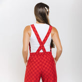 Back side of the Utah Audrey Trouser Overalls in Crimson Check
