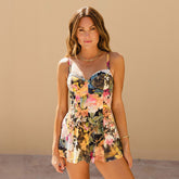 Model wearing beautiful floral swim dress
