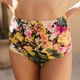 Close up front view of high waisted bathing suit bottoms