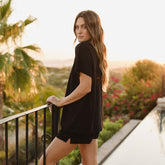 Swimsuit cover up matching set. Black oversized tee with matching black shorts