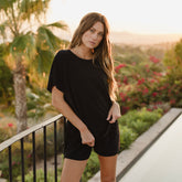 Beachwear outfit matching set black oversized t shirt with matching black shorts in plush material