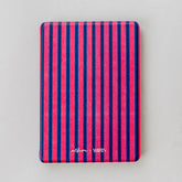 Striped pink and blue case with 'Albion x YHTRTN' branding on a light gray background