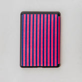 Tablet case with pink and blue vertical stripes on a light gray background
