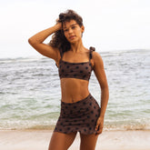 Black Cocoa Dot High-Waisted Swim Skirt