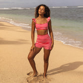 Red/White Stripe High-Waisted Swim Skirt