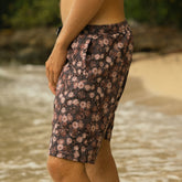 Person wearing a floral swimsuit standing by a body of water.