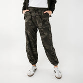 Front view of women's cargo pants in camo
