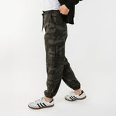 Side view of camo cargo pants showing pocket details