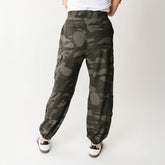 Back view of womens camo cargo joggers