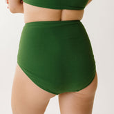 Close up back view of bikini bottoms with high waist and full bum coverage