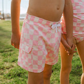 Pink Check Jr. Swim Trunks