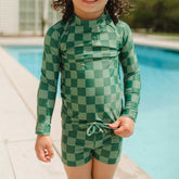 Mini Rash Guard and Shorts Set, Green Check