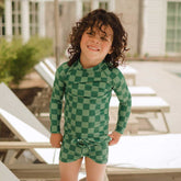 Mini Rash Guard and Shorts Set, Green Check