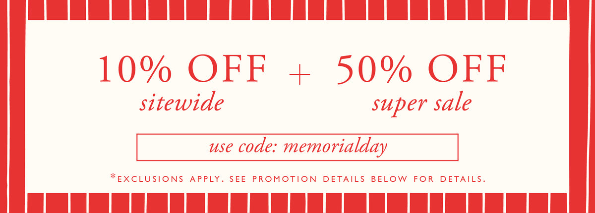 Memorial Day sale banner with text and discount information "10% off and 50% off super sale use code memorialday" on a red background