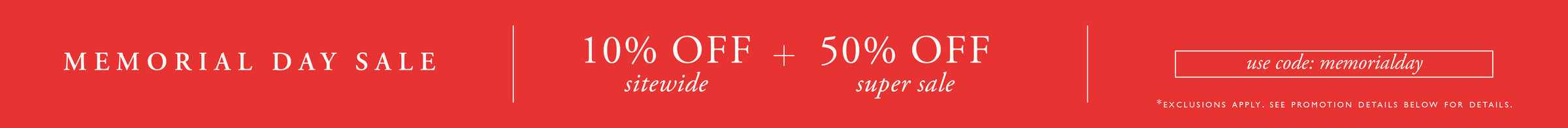 Memorial Day sale banner with text and discount information "10% off and 50% off super sale use code memorialday" on a red background