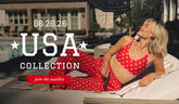 Woman in red and star polka dot bikini lying on a lounge chair with 'USA Collection' text overlay.