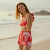 Red/White Stripe High-Waisted Swim Skirt