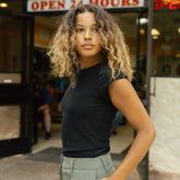 Cap Sleeve Ribbed Tee, Black