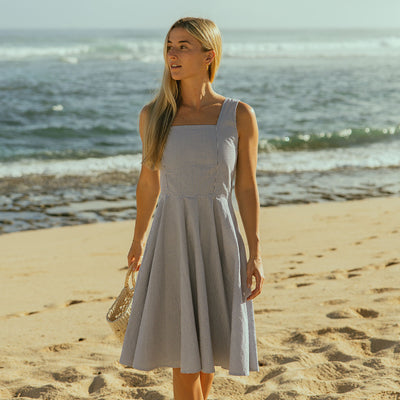 Sonata Dress, Navy Seersucker
