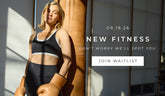 A woman in a black sports bra and leggings with tan boxing gloves leans against a window, with text on the right reading 'NEW FITNESS', 'DON'T WORRY WE'LL SPOT YOU', and 'JOIN WAITLIST'.