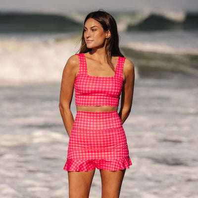 Pink Gingham High-Waisted Swim Skirt