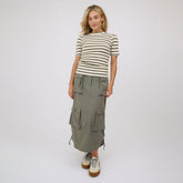 Puff Sleeve Tee, Olive and Cream Stripe