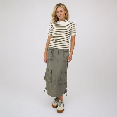 Puff Sleeve Tee, Olive and Cream Stripe