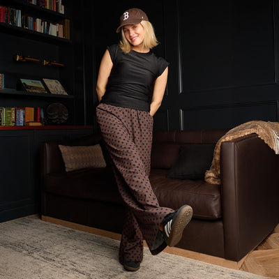 Slip On Trouser, Black/Brown Polka Dot