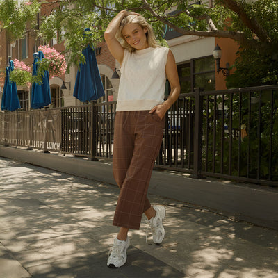 Audrey Mid Rise Wide Leg Pants, Brown/Cream Windowpane