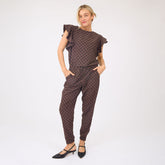 9 to 9 Jumpsuit, Black/Brown Polka Dot
