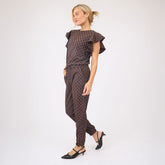 9 to 9 Jumpsuit, Black/Brown Polka Dot