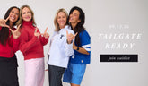 Four women posing together in coordinated outfits, making hand gestures against a light gray studio background. Text on the right reads "Tailgate Ready Join The Waitlist"