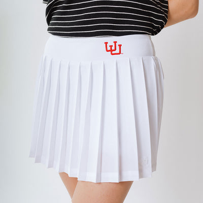 Close up of the Utah Tie Breaker Skirt in white showing the Utah logo in red
