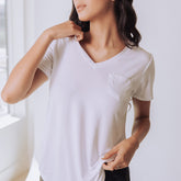 Basic V Neck Tee, Bamboo White is a very comfortable tee that goes with anything