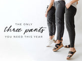 Three models showcase dark pants styles in a blog banner about essential pants for this year