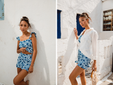 Model wearing a blue floral swim skirt and top, styled with a sheer white cover-up for a beach-to-brunch look