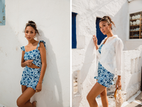 Model wearing a blue floral swim skirt and top, styled with a sheer white cover-up for a beach-to-brunch look