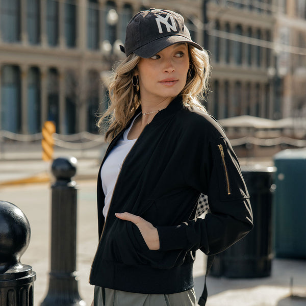 Women's Zip-Up Bomber Jacket in Black Albion Fit