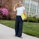 Slip On Trouser, Navy Pinstripe