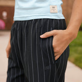 Slip On Trouser, Navy Pinstripe