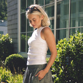 Cotton Rib High Neck Tank, White