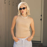 Cotton Rib High Neck Tank, Tan