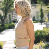Cotton Rib High Neck Tank, Tan